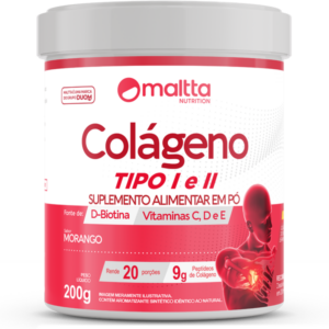 Colágeno Hidrolisado Tipo I e II Com Biotina e Vitaminas C, D e E / Sabor Morango 200gr - Duom