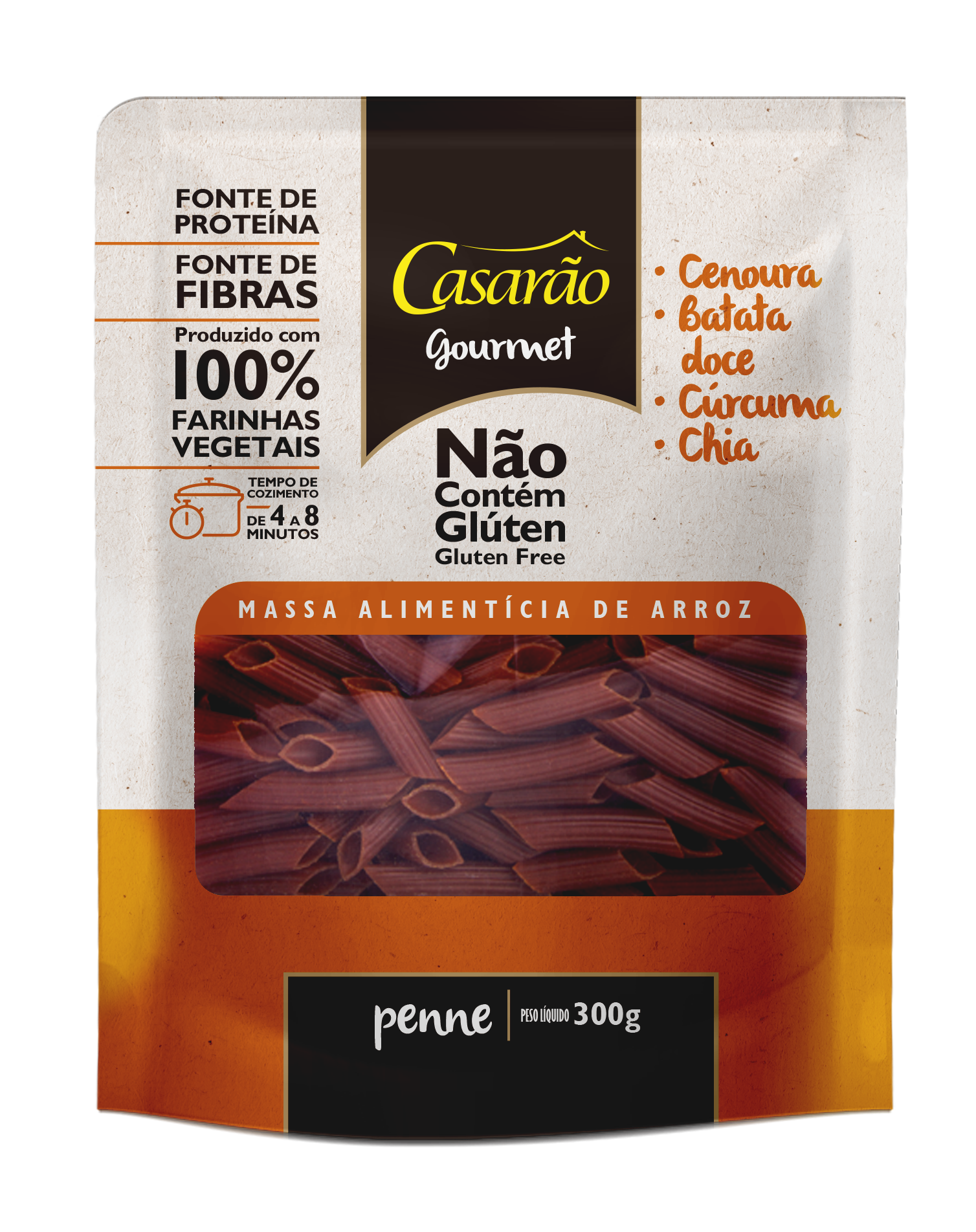 Massa GOURMET Penne Cenoura + Batata Doce + Cúrcuma + Chia 300gr - Casarão