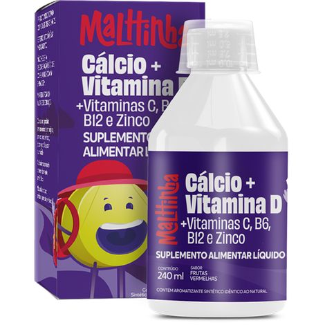 Cálcio + Vitaminas D, C, B6 e B12 + Zinco Kids Malttinha Líquido Sabor Frutas Vermelhas 240ml – Duom
