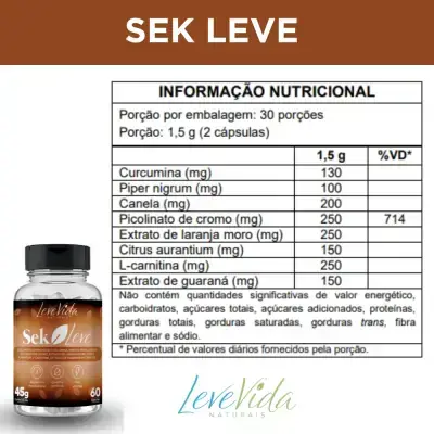 SEK LEVE: Picolinato de Cromo + L-Carnitina + Laranja Moro+ Canela + Guaraná + Laranja Amarga + Curcuma + Pimenta Preta / 60 Cápsulas - Absolut Nutrition - Imagem 2