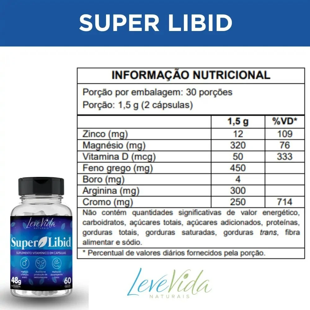 SUPER LIBID: Feno Grego + Arginina + Boro+ Zinco + Magnésio+ Cromo+ Vitamina D / 60 Cápsulas - Absolut Nutrition - Imagem 2